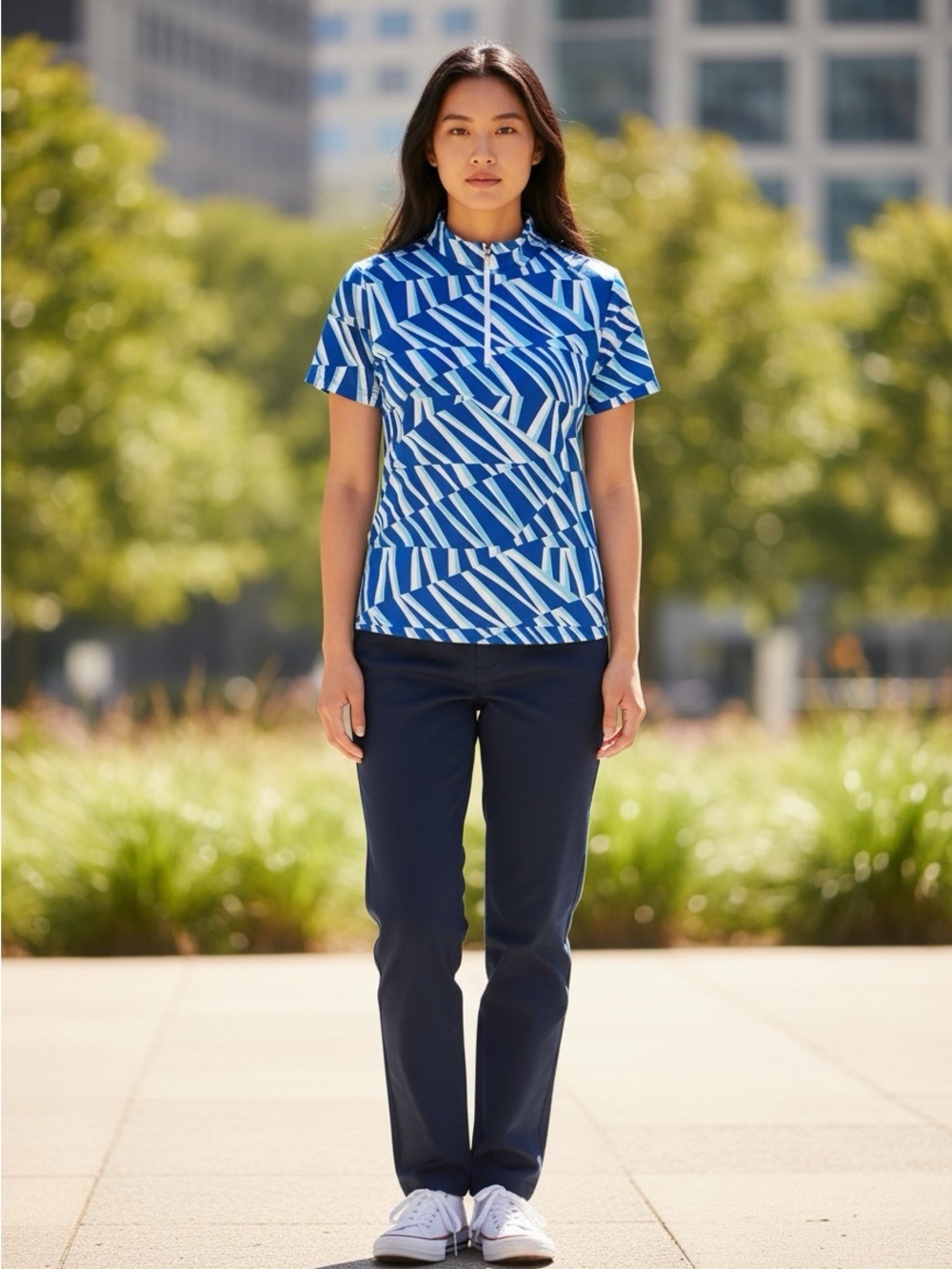 3 for $10 Tail Blue & White Geometric Zip-Front Short Sleeve Top #1008